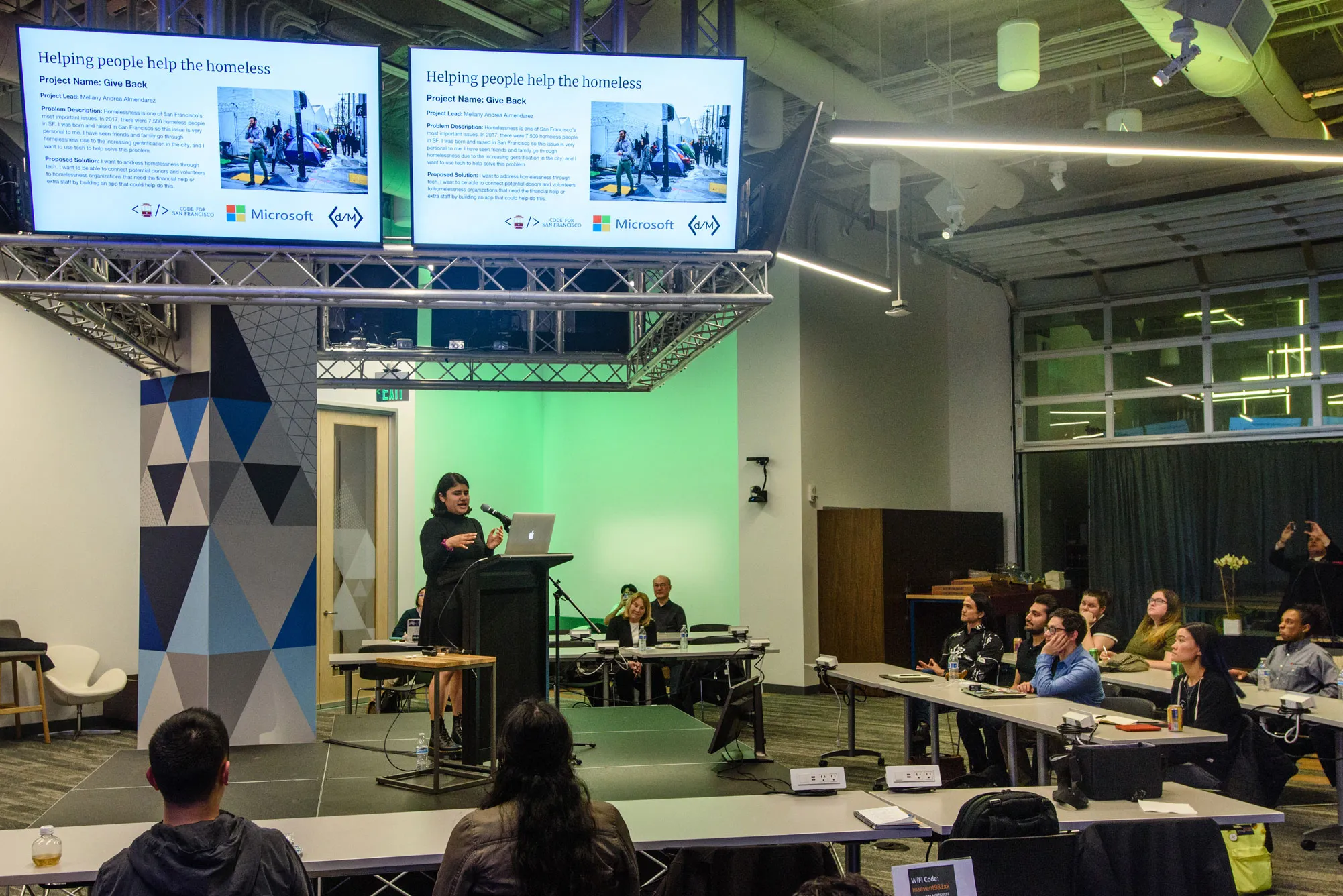 Mellany presents her Fellowship project at Microsoft's Reactor. Mellany presents her Fellowship project at Microsoft's Reactor event space.